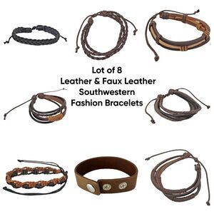 Lot of 8 Leather & Faux Leather Southwestern Fashion Bracelets Cowboy Cowgirl